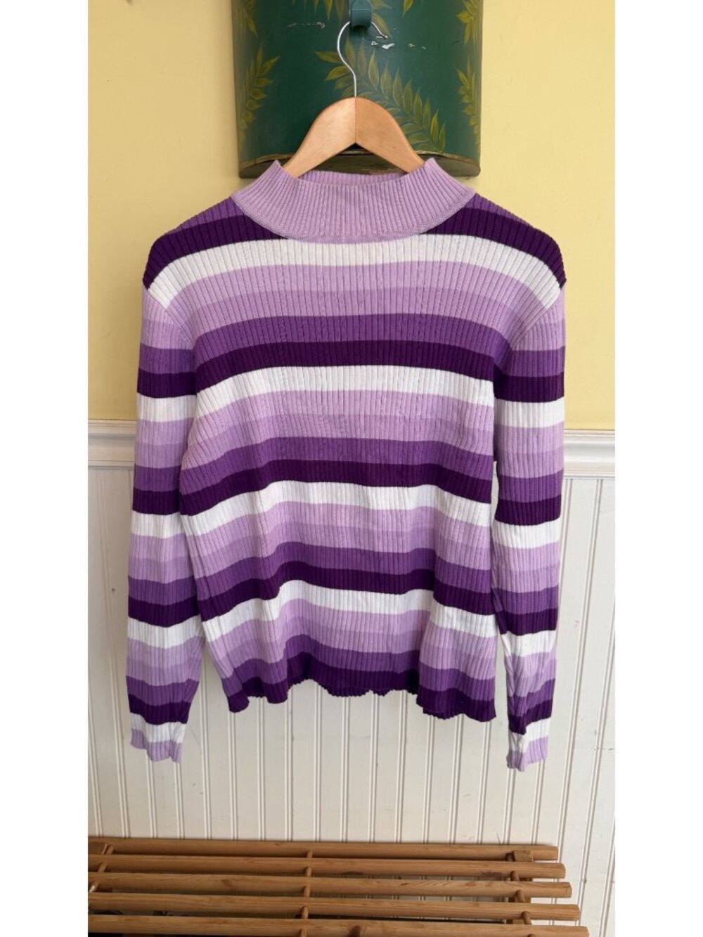 Shiny By Nature Womens Ribbed Knit Striped Sweater Purple White Long Sleeve Mock